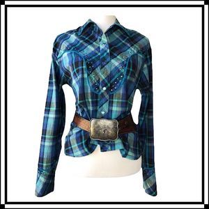 90s Vintage Western Collection Styles Turquoise Plaid Crystal Show Shirt sz L